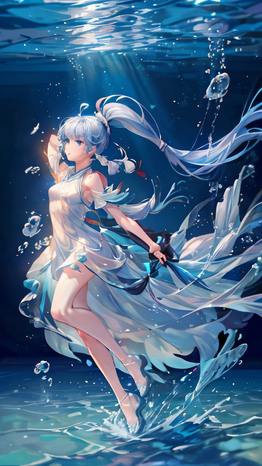 (Pianfei), (best quality), Very detailed, 1 girl, perfect face, (Personal full body photo:1.3), Very detailed顔，(Blue double ponytail hair:1.5)，(blue eyes:1.4)，(In the water:1.4)，(white dress:1.5)，ocean，Small schools of fish，Light，bubble，jellyfish，ocean藻，red fish，yellow fish，深ocean，fantasy，ocean底，float，(ocean底都市:1.4)，Smile:1.3