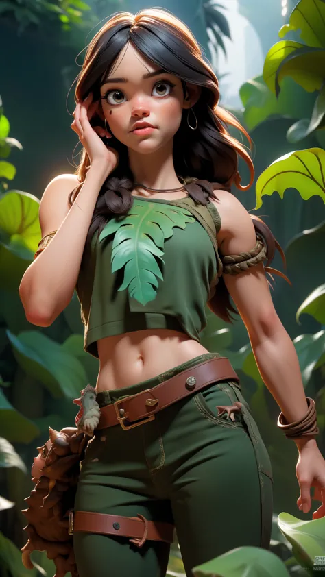 (La mejor calidad,A high resolution,Ultra - detallado,actual),  Jenna Ortega de Tomb Raider, ciudad en ruinas en la jungla, empa...