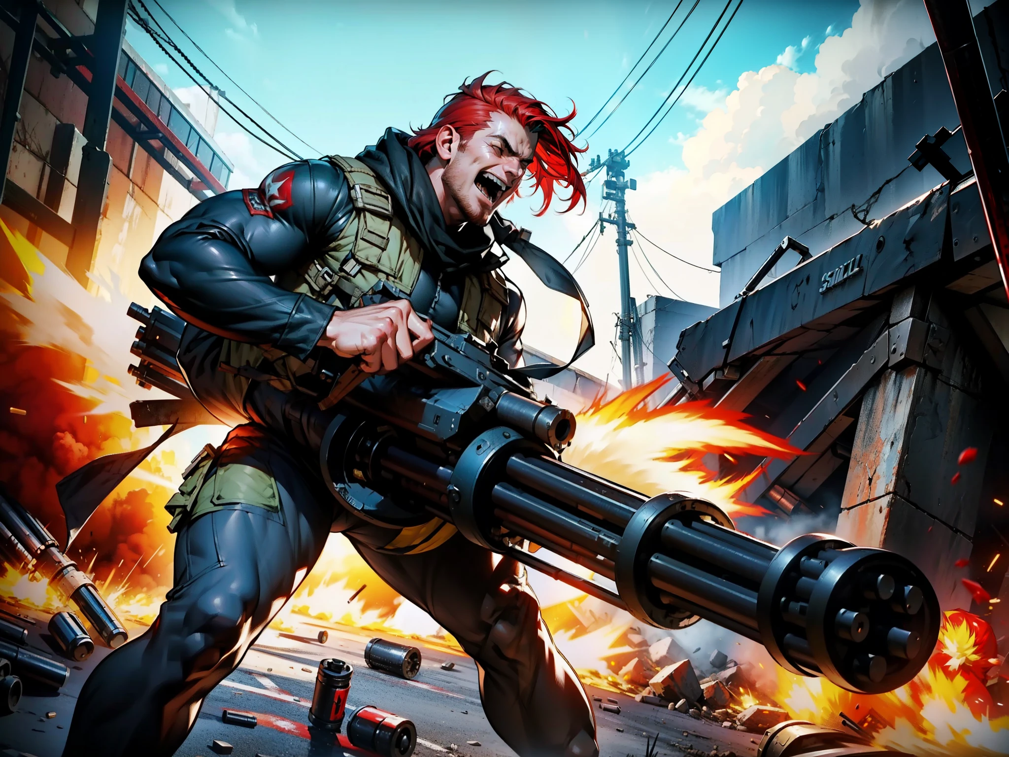 masterpiece, best quality, rogue soldier, muscular, dynamic battle pose, holding and firing a minigun, shell casings, dynamic war scene, Bryan fury, red hair, evil laugh, solo 