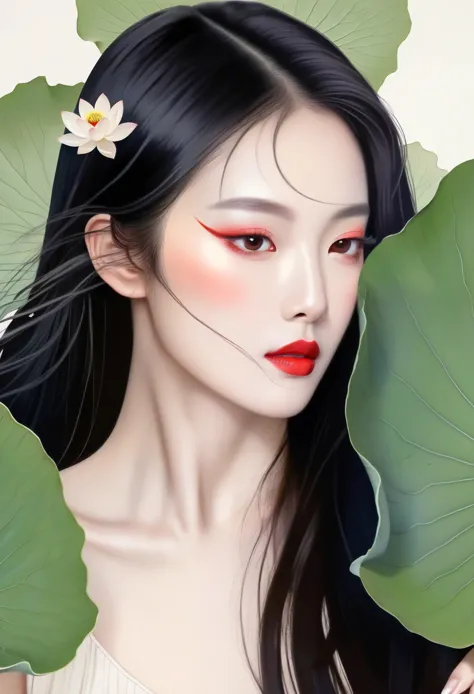 chinese meticulous painting，draw a beautiful girl，long black hair，exquisite makeup，red eye shadow，red lips，lotus leaf，lotus，clea...