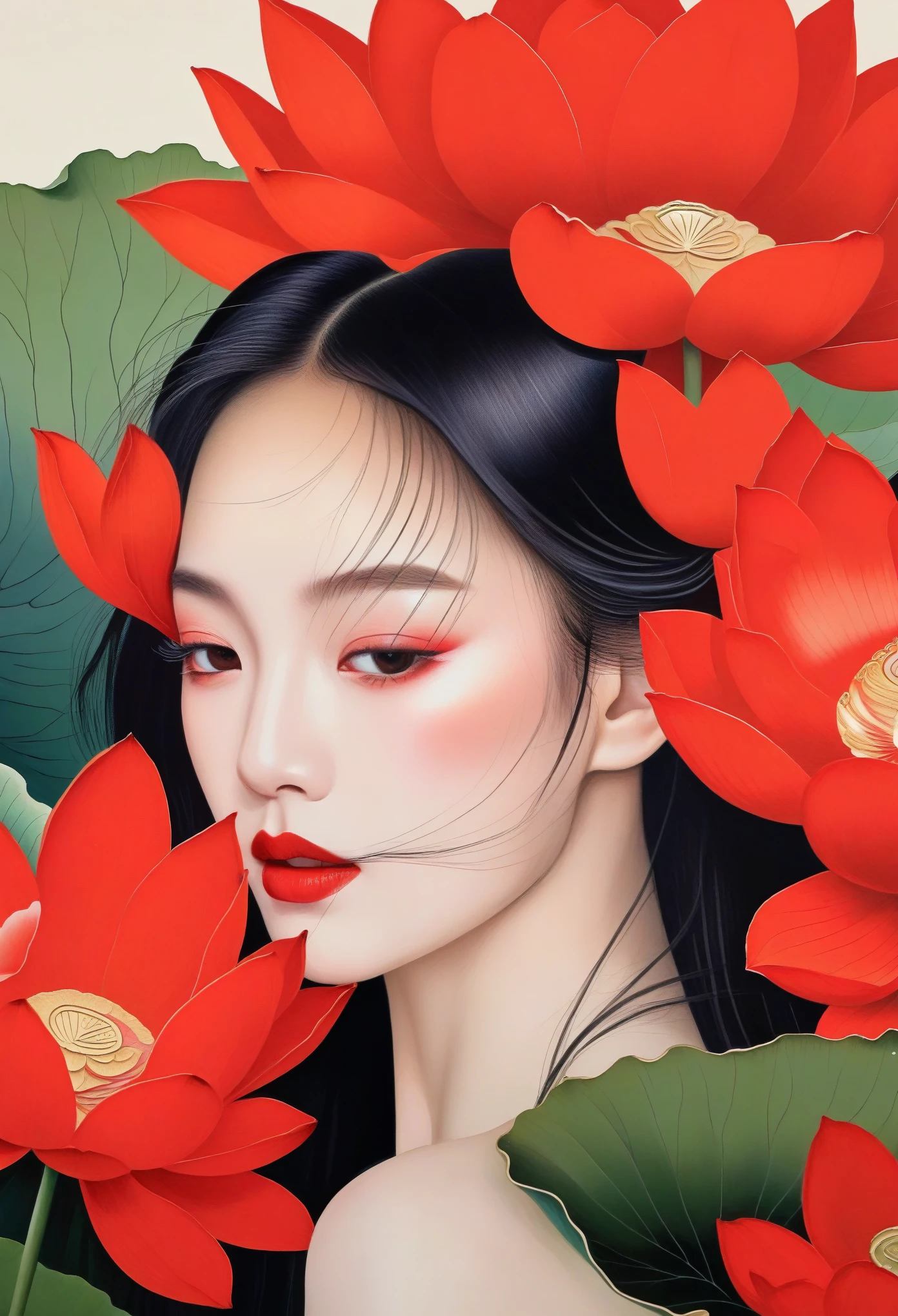 Chinese meticulous painting，Draw a beautiful girl，long black hair，exquisite makeup，red eye shadow，red lips，lotus leaf，lotus，clean background，smooth lines，Lines outline hair，Soft and elegant colors