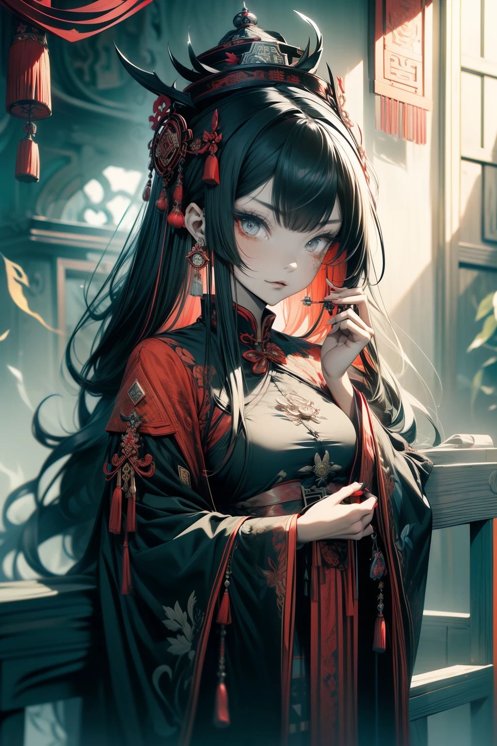 Chinese Gothic Punk、JIANGSHI style,Daughter of the Chinese emperor、Overwhelming intimidation、Emitting majesty from the whole body、Put your hands in your sleeves,(Comic Noir Style),(linear art_Anime),(solid color_highcontrast),(masutepiece, Best Quality, ),(Laura Bad Picture:1.2),(Lora Add Details:1.2),8K, Flat color:1.2,1girl in,JIANGSHI QUEEN SITTING ON A CRIMSON THRONE WEARING A HEAVY CLOAK,JIANGSHI,BEAUTY JIANGSHI、Very long hair、Chinese Opera style makeup,Luxurious costume with beautiful embroidery_Dragon and phoenix embroidery:1.2,(lora:add more detail:1.2)，beautiful hands,