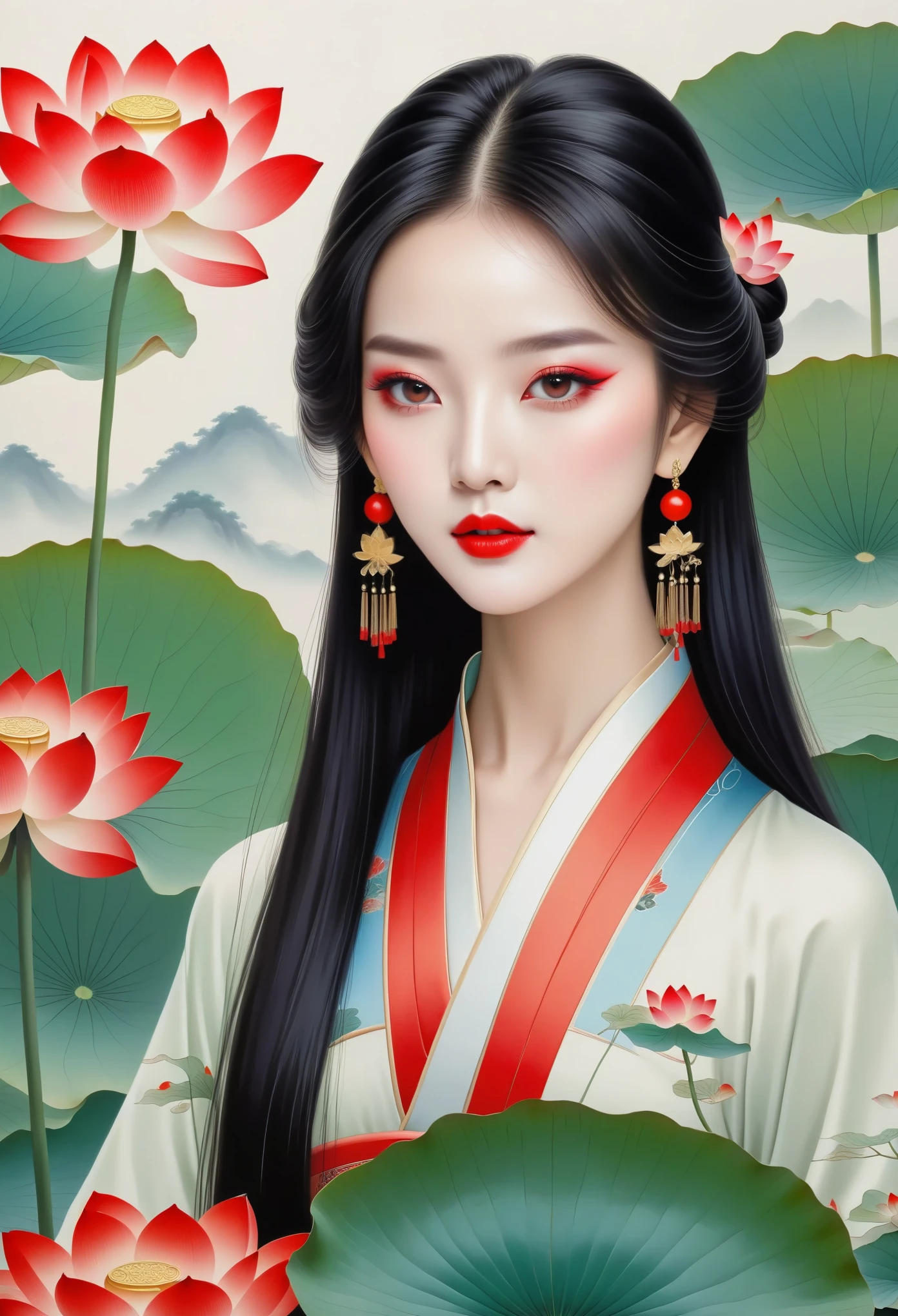 Chinese meticulous painting，Draw a beautiful girl，long black hair，exquisite makeup，red eye shadow，red lips，lotus leaf，lotus，clean background，smooth lines，Lines outline hair，Soft and elegant colors