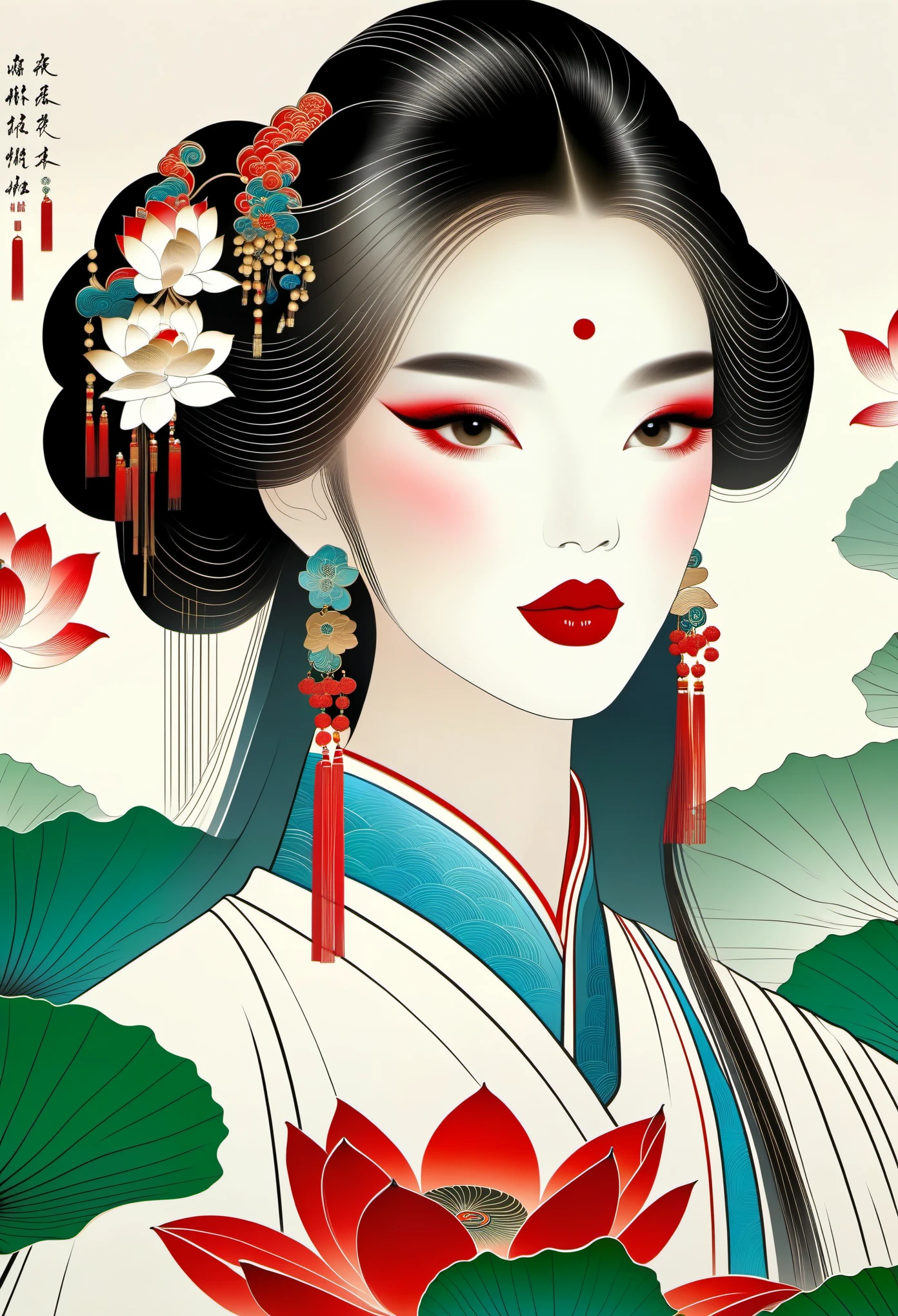 Chinese meticulous painting，Draw a beautiful girl，long black hair，exquisite makeup，red eye shadow，red lips，lotus leaf，clean background，smooth lines，Lines outline hair，Soft and elegant colors，Vector