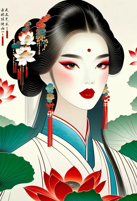 Chinese meticulous painting，Draw a beautiful girl，long black hair，exquisite makeup，red eye shadow，red lips，lotus leaf，clean back...