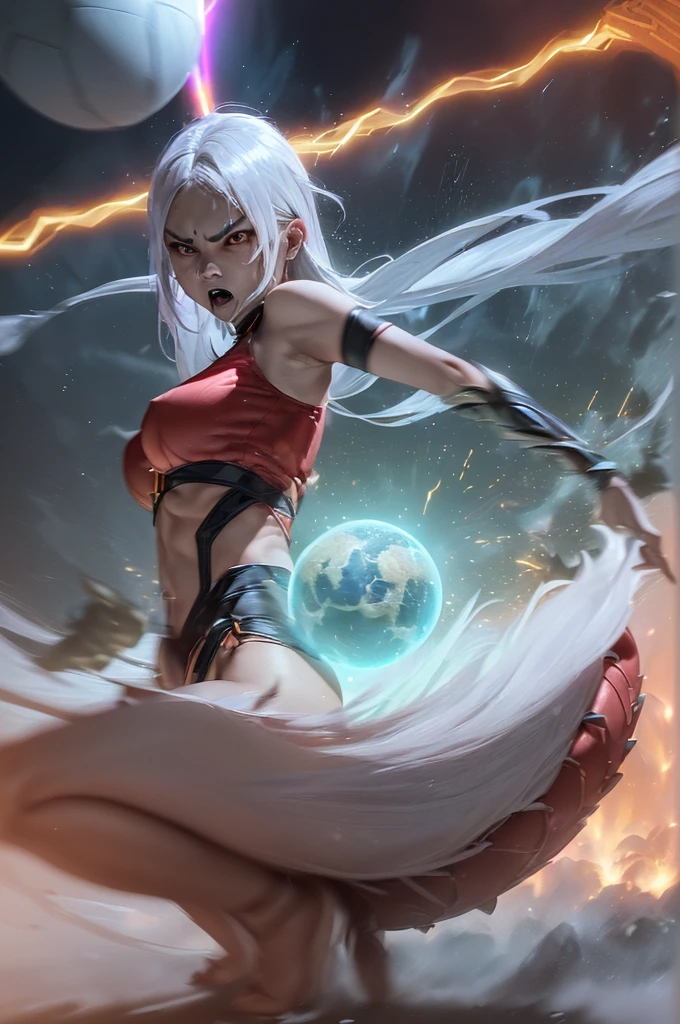 An (extremely fierce Gurung woman (age 35), slim and toned figure, ankle length platinum hair, tiny loose fighting clothes, explosive fury) is channeling her Ki energy (resembling lightning), into a ('DragonBall' a large pulsing sphere of rainbow power being circled by the ghost of a dragon), best quality, extremely high detail, dramatic views