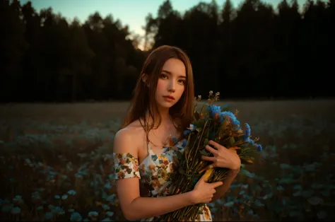 there is a woman holding a bunch of flowers in a field, in a field with flowers, inspired by elsa bleda, with frozen flowers aro...