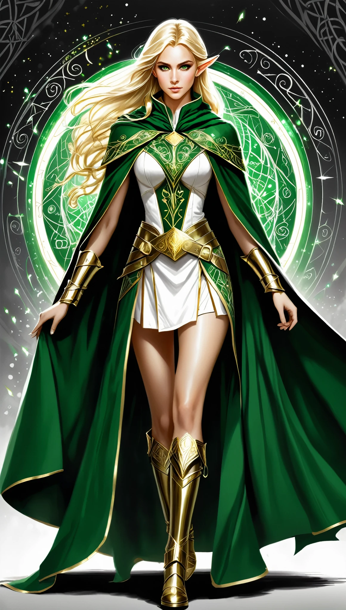 (Pencil_Sketch:1.2, messy lines, greyscale, traditional media, sketch),(((Masterpiece, highest quality, high definition, high detail)))), ((((Fantasy)))), one, (Elf woman)))), (short white skirt embroidered with gold), (Blonde long straight haine dark green eyes)))), (Green cloak armor with gold embroidery)), Big, (Strong wind), (Cast spells)), (A lot of glowing grains are flying), ((( A vortex of light gathers in the hand))), (((Magic circle of light densely drawn with geometric patterns and magic letters in the background))), ((Many glowing green arrows are released)), forest, magic circle reflected in cloak