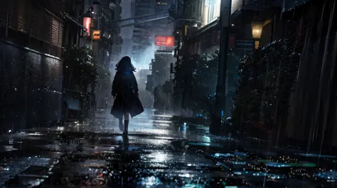high resolution,High definition,high quality,A woman walking alone in a built-up area,the sky is covered with black clouds,it&#3...