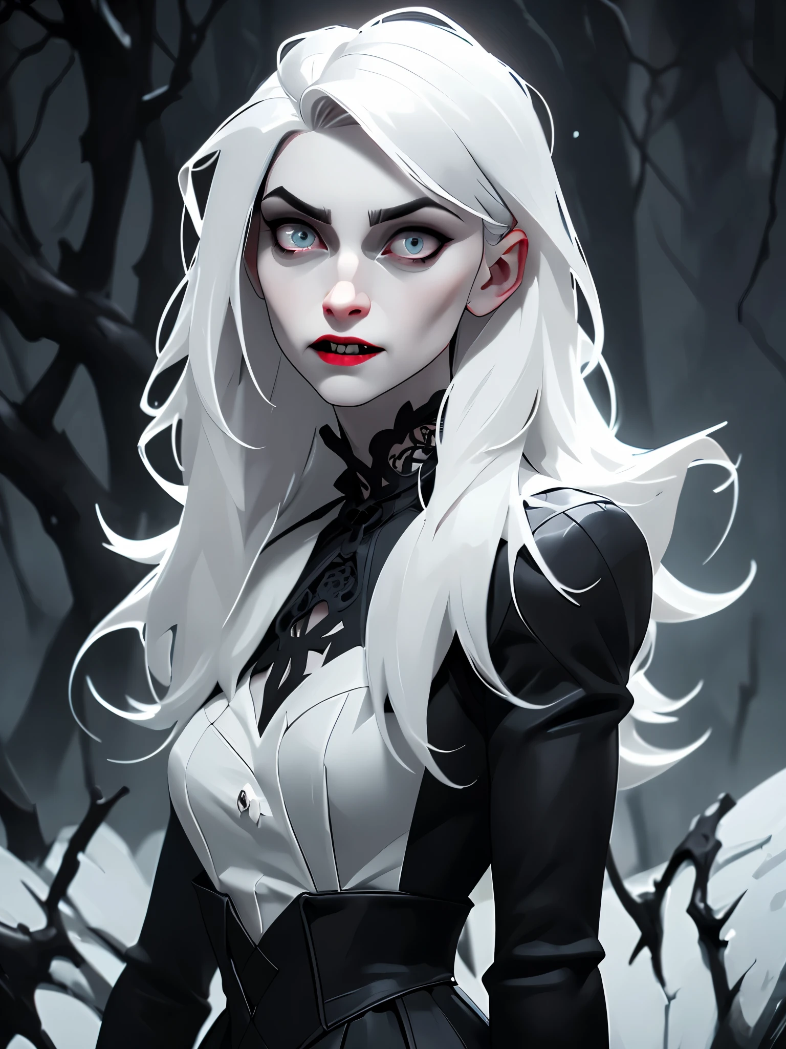 female vampire|albino,pale porcelain skin, vintage black dress, smile, the growling wolf, shallow depth of field, sadistic, nightfall, detailed face, night,wide hips,narrow waist,detailed eyes, portrait of woman standing,8k RAW photo, highest quality, (looking at the viewer:1.3), best shadow, intricate details, (bold hair:1.3),(bright eyes),forest, grave,gothic,goth,(thunder-storm:1.2),((intricate details)), detailed eyes, (hdr:1,2), ((intricate details, hyperdetailed)), half black hair, half white hair