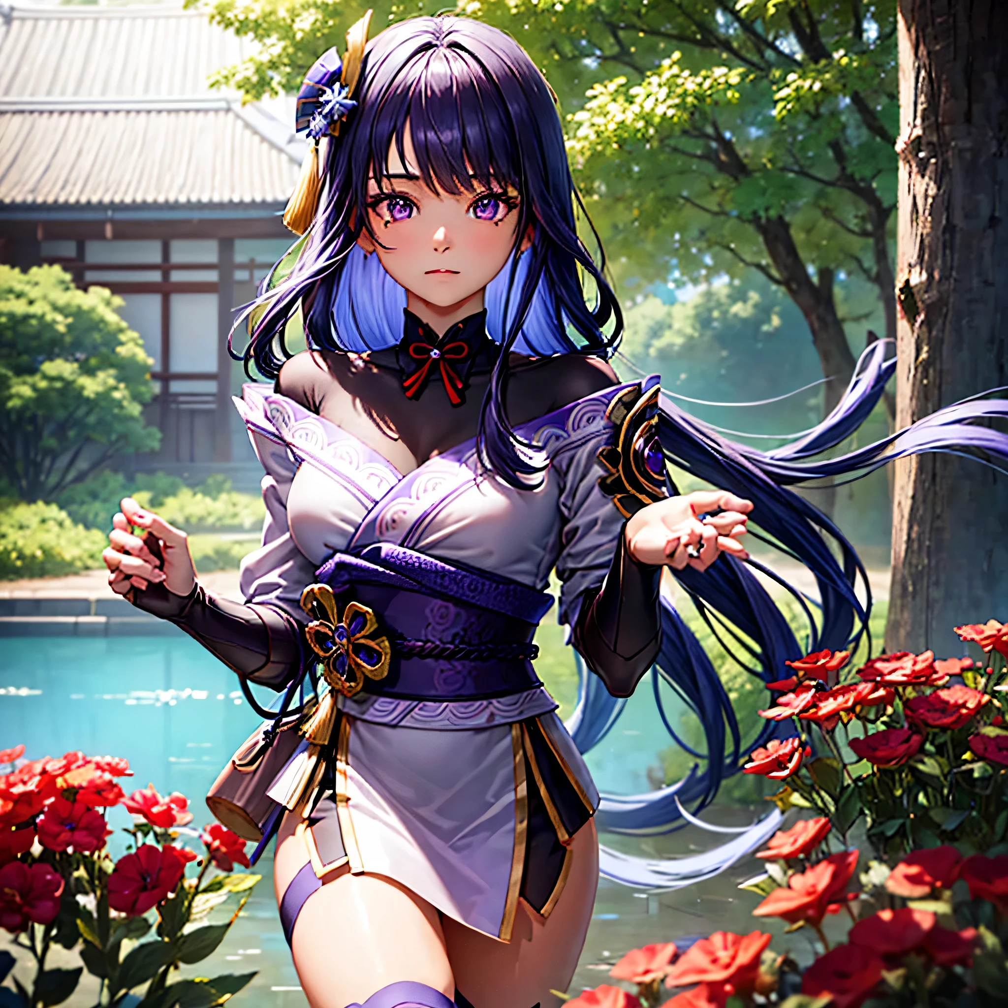 Masterpiece,Best quality, Unrealistic engine, Ultra resolution, Extremely detailed, 1girl purple hair,long hair, hair, hair ornament, bang, mole, purple eyes, mole under the eye, big breasts, neckline , japanese clothing, Kimono, belt, obi, wedding mittens, purple nail, снимок талии HEWS STYLE