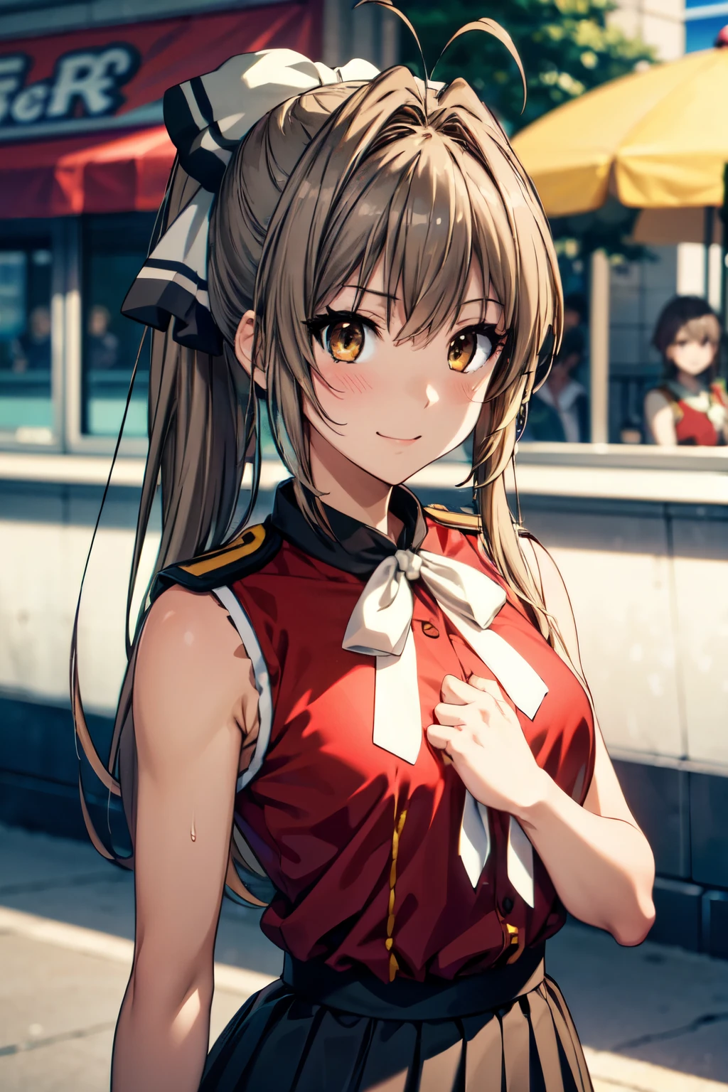 (anime style),1 girl, alone, masterpiece, highest quality, Amagi Brilliant Park, sento isuzu, brown eyes, brown hair, long hair, ponytail, hair between eyes, hair intake, side lock, antenna hair, hair ribbon, white ribbon、 ((SentoVest, red shirt, sleeveless, aiguillette, epaulettes, white bow, black skirt)),((amusement park)), put your hand on your chest,Look at the viewer、smile, outdoors、(face the front、Cover your subject all over)、(blush、light in the eyes、eye highlights), put your hand on your chest