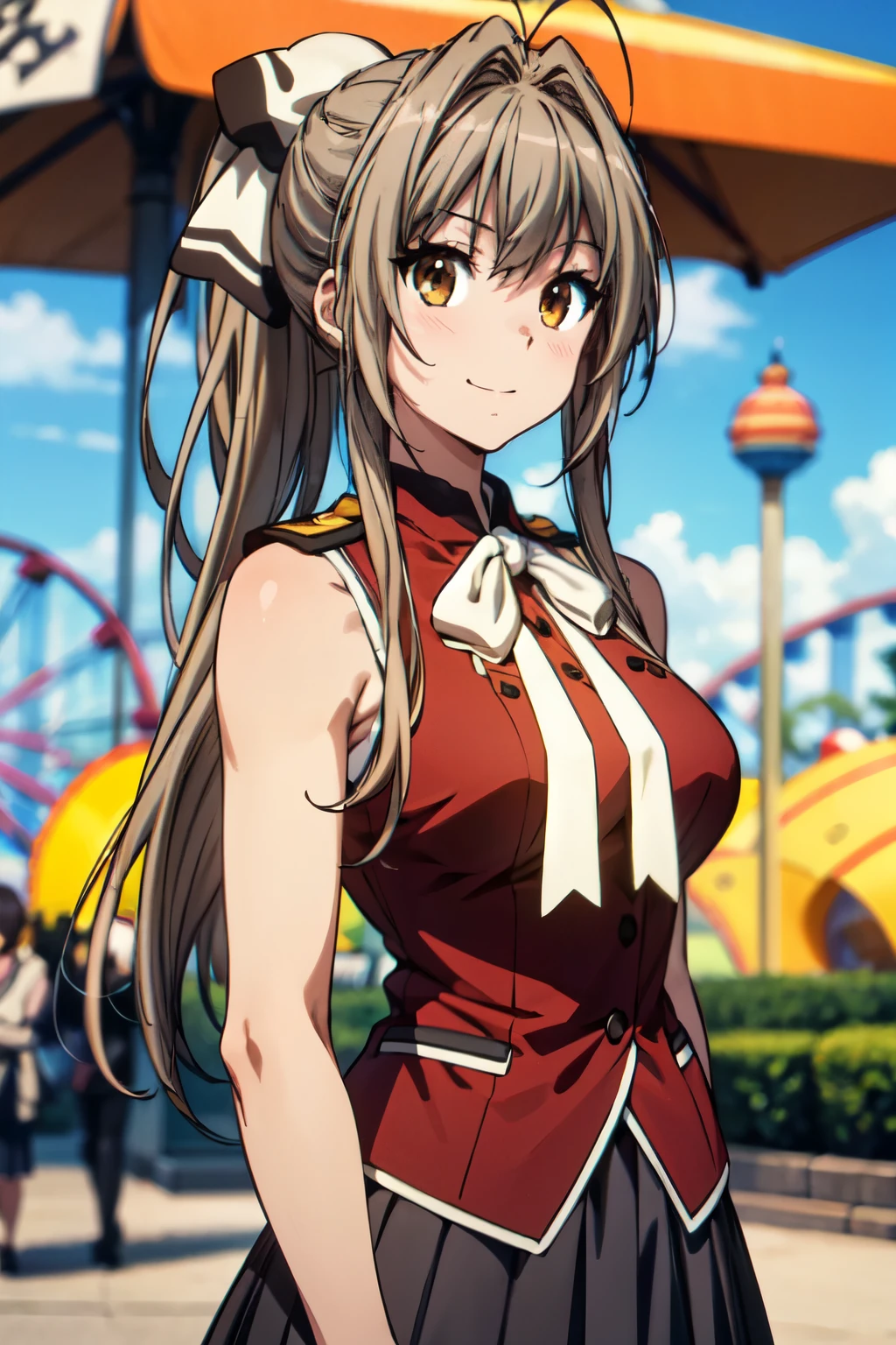 (anime style),1 girl, alone, masterpiece, highest quality, Amagi Brilliant Park, sento isuzu, brown eyes, brown hair, long hair, ponytail, hair between eyes, hair intake, side lock, antenna hair, hair ribbon, white ribbon、 ((SentoVest, red shirt, sleeveless, aiguillette, epaulettes, white bow, black skirt)),((amusement park)), put your hand on your chest,Look at the viewer、smile, outdoors、(face the front、Cover your subject all over)、(blush、light in the eyes、eye highlights)