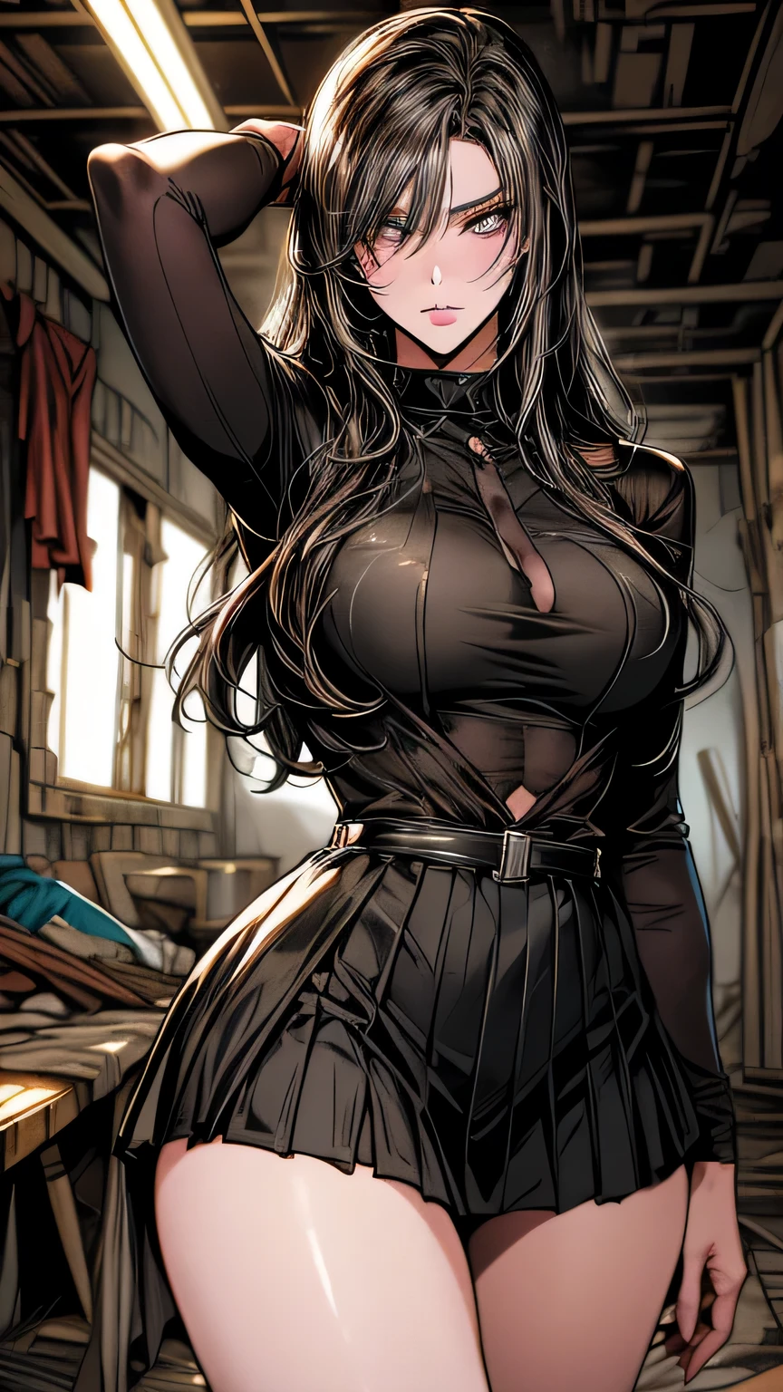 arte futuro anime. pássaro&#39;perspectiva, Mulher suja em pé em uma casa em ruínas, cabelo molhado e bagunçado acima dos olhos, Camisa bodycon detalhada e saia curta plissada. navio grande, paisagem em close, ferir. escrito à mão, iluminação cinematográfica, Muito detalhado. branco, marrom, vermelho. composição perfeita, obra de arte, mais alta qualidade, 4K, foco nitído. anatomia perfeita.(((brancoいマイクロミニランジェリーセット)))､Aqui&#39;s your perspectiva、