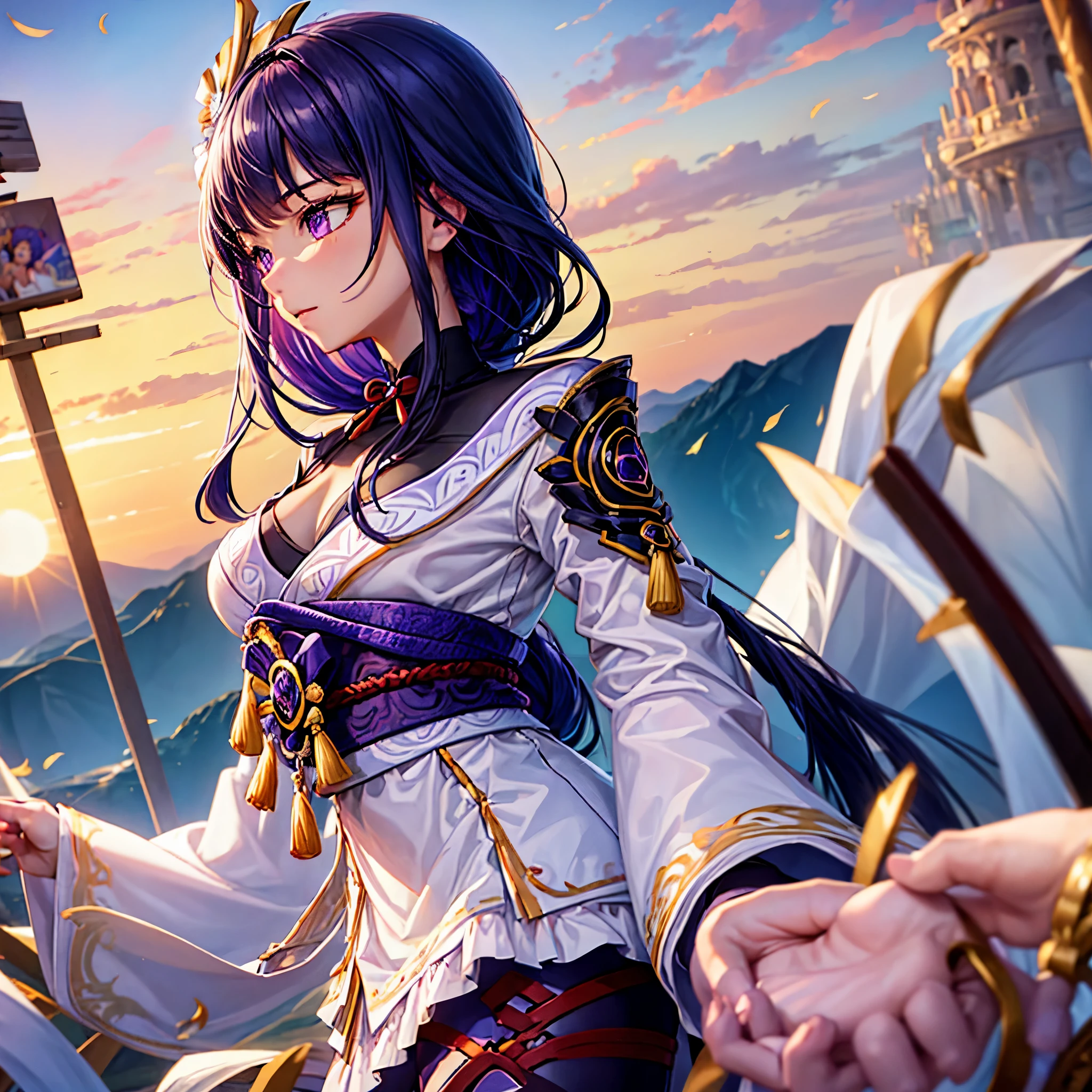 Masterpiece,Best quality, Unrealistic engine, Ultra resolution, Extremely detailed, 1girl purple hair,long hair, hair, hair ornament, bang, mole, purple eyes, mole под глазом, big breasts, neckline , japanese clothing, Kimono, belt, obi, wedding mittens, purple nail, снимок талии HEWS STYLE