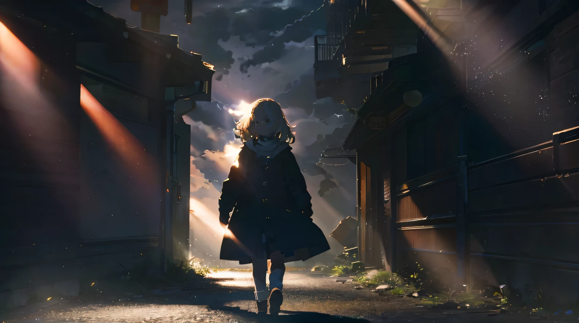 high resolution,High definition,high quality,A woman walking alone in a built-up area,A ray of light shines through the gap between the black clouds