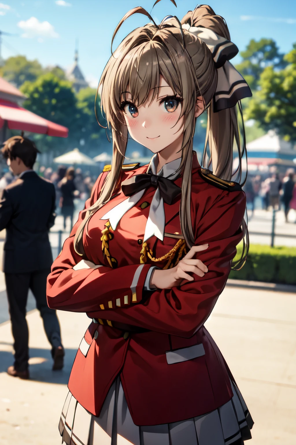 (anime style),isuzu-uniform、SentoUniform, red jacket, epaulettes, white bow, (black skirt), white thighhighs、open your mouth、((amusement park)), highres, best quality, (masterpiece:1.2), highly detailed、Isuzu Sento、 soght smile、 brown hair、brown eyes、long hair、antenna hair、ponytail、hair ribbon、random pose、(blush、eye light、highlight on eyes)、Cover your subject all over、Look at the viewer、fold your arms、blur the background,Squint a little