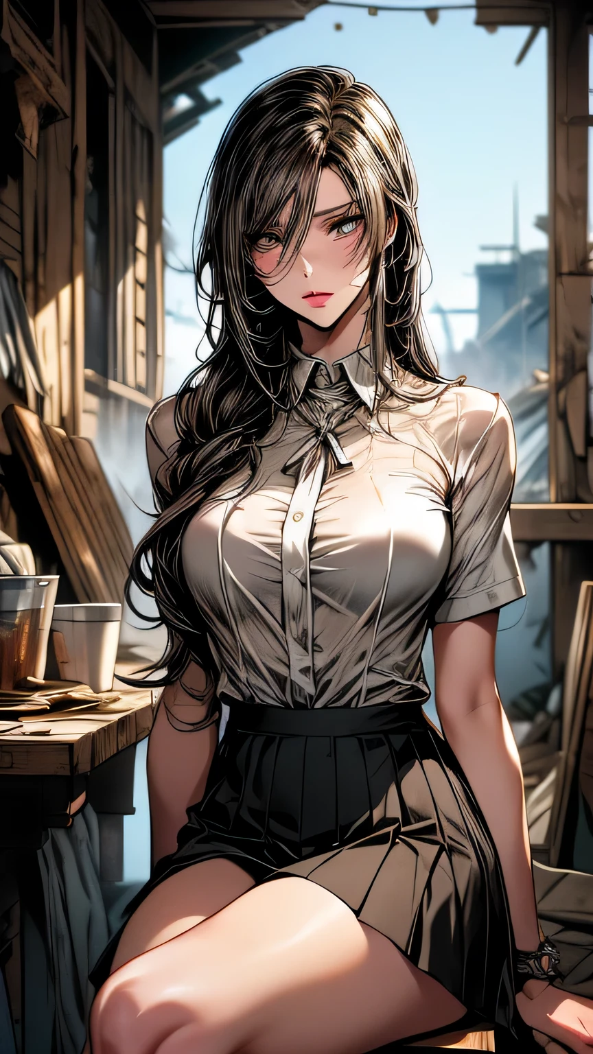 art futur anime. oiseau&#39;perspective, Sale femme assise sur une chaise dans une maison délabrée, cheveux mouillés en désordre au-dessus des yeux, Chemise moulante détaillée et jupe courte plissée. grand navire, paysage en gros plan, blesser. Écrit à la main, Éclairage cinématographique, très détaillé. blanc, brun, rouge. composition parfaite, chef-d&#39;œuvre, la plus haute qualité, 4k, netteté. Anatomie parfaite.(((blancいマイクロミニランジェリーセット)))