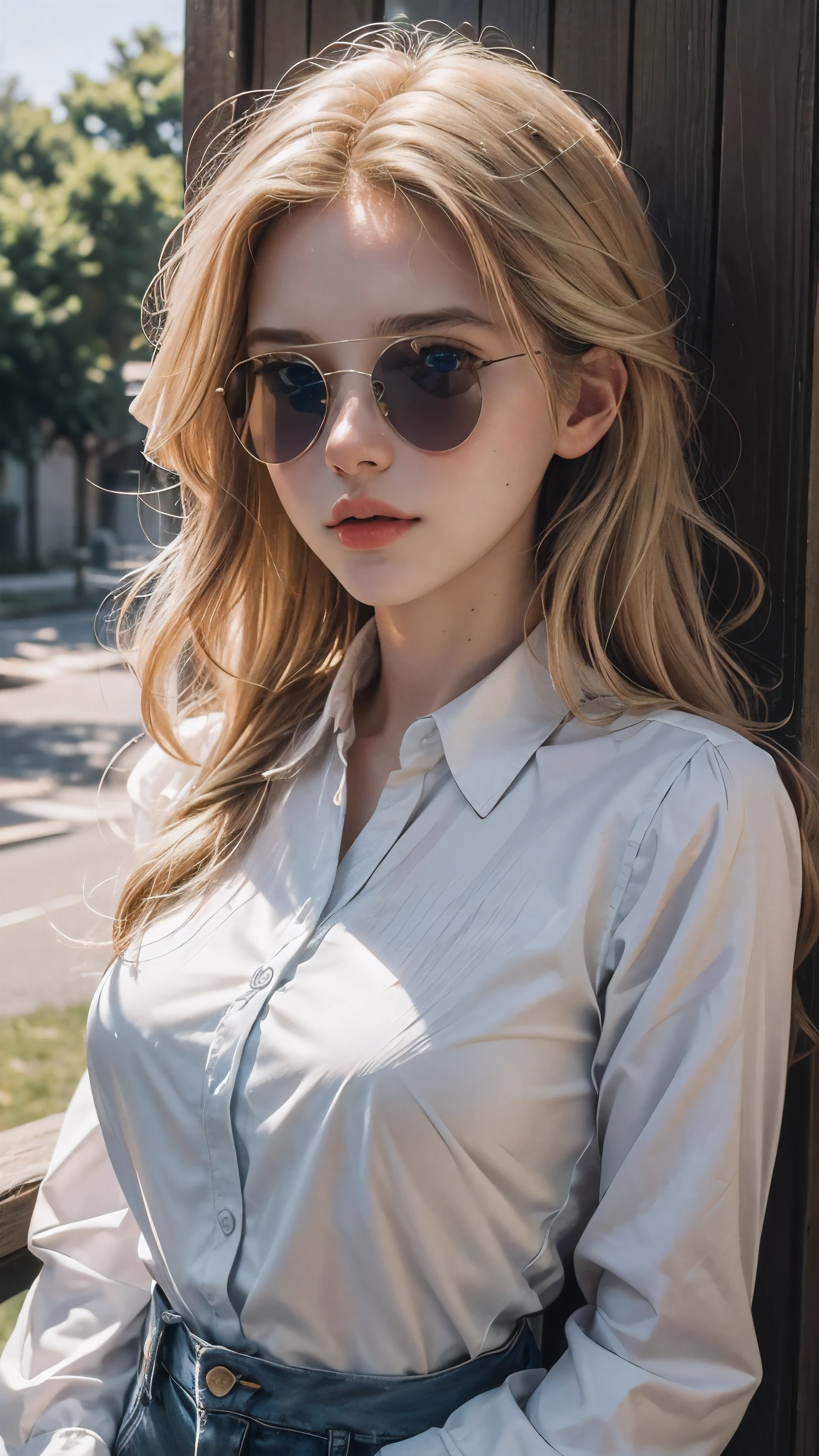 cinematic, upper body shot, elegant and aged 24 year old woman, RAW photo, 8k,  highly detailed, masterpiece, stunningly beautiful, American girl with long flowing blonde hair, striking blue eyes, wearing sun glasses, wearing white collared shirt, breasts out, mature female, natural and approachable expression, soft sunlight, detailed, outdoor