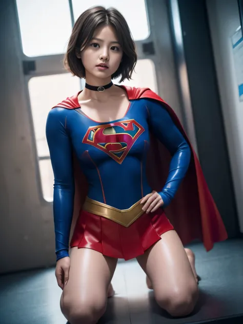 masterpiece、supergirl costume、short hair、barefoot、big and full breasts、experimental facility、operating table、bend down、tattered、...