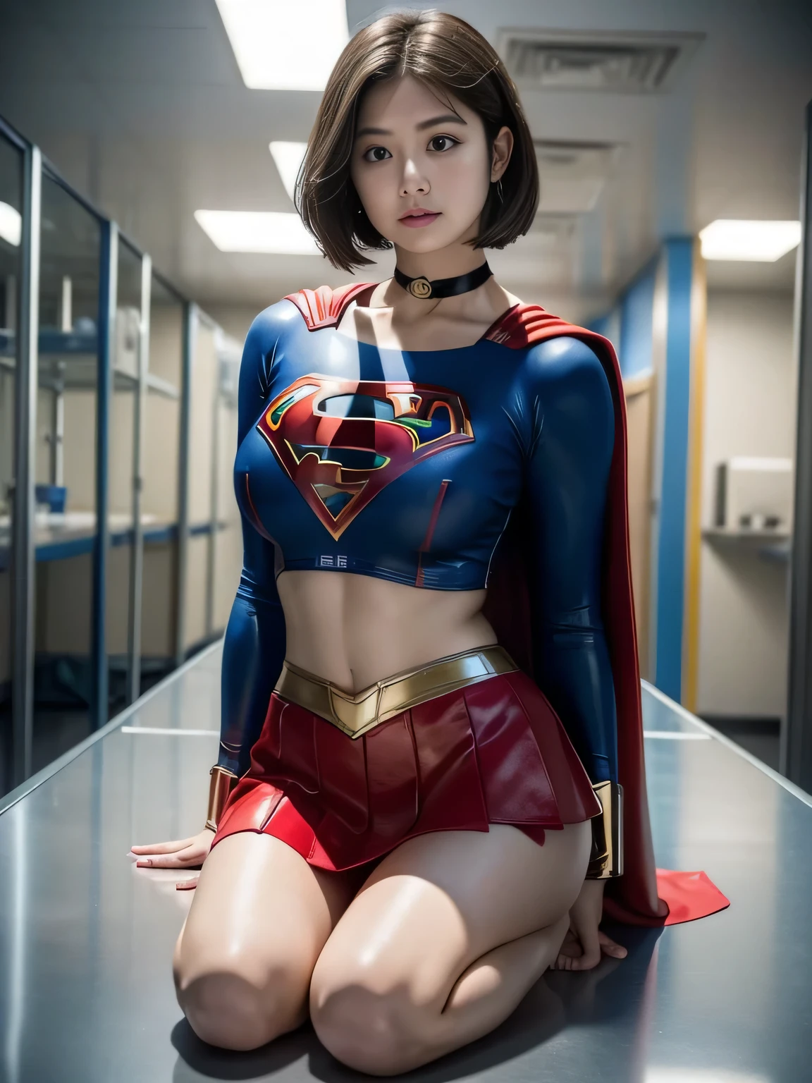 masterpiece、supergirl costume、short hair、big and full breasts、human experiment subjects、Crisis situation、Research room、Experimental facility、Research room、research facility、graduate school、choker、long sleeve、red mini skirt、looking at camera、Weekly magazine cover、barefoot、Sweat、Sweatまみれ、model body shape、from right in front