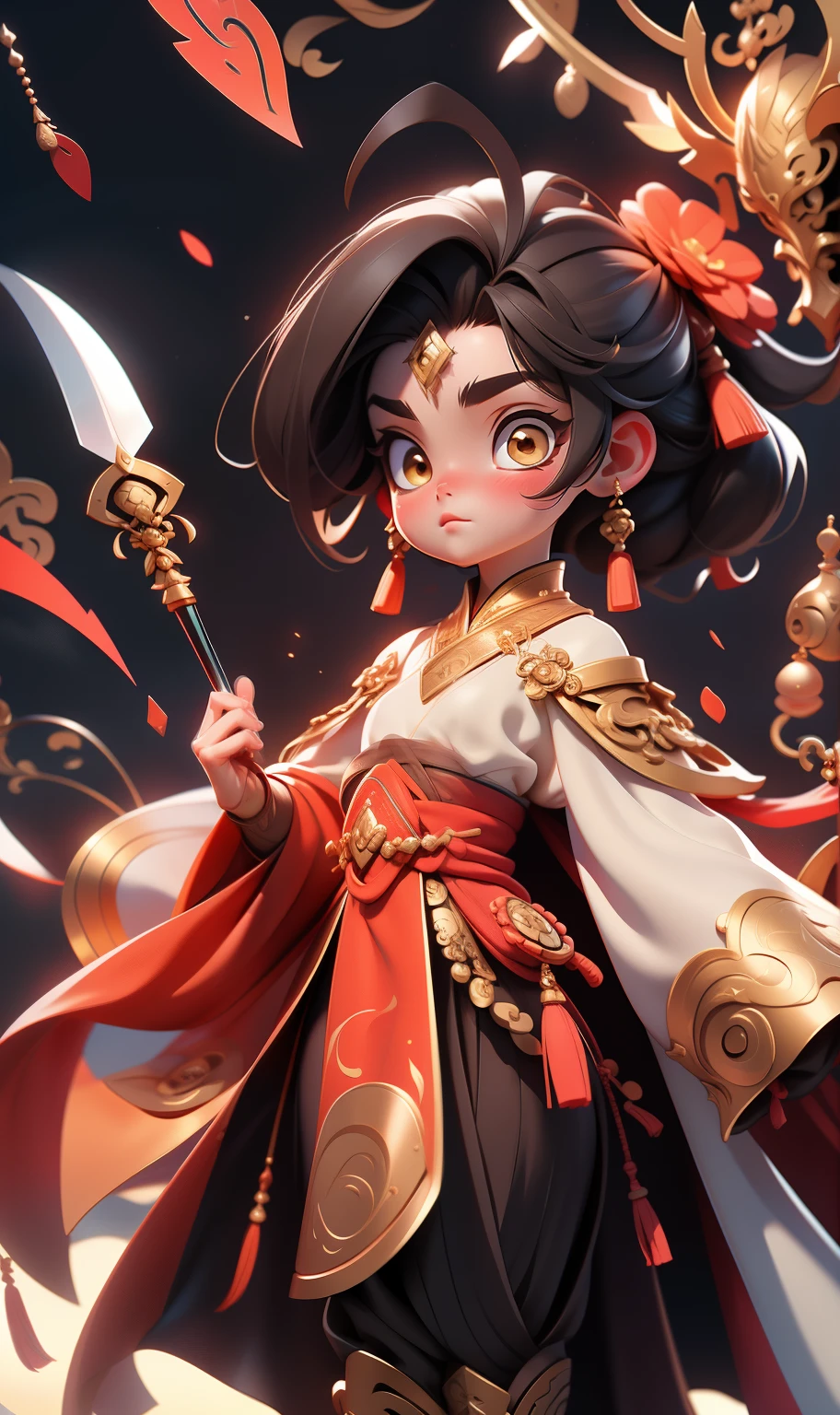 （masterpiece，top quality，best quality，official art，Beauty and Aesthetics：1.2），1 girl， anger， with a spear， （fly）， Chinese mythology， cloudy day， detailed sky， abstract background，