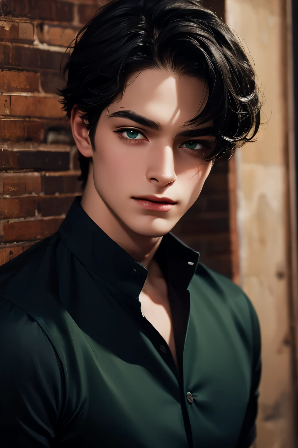 (Masterpiece: 1.3), (Best quality: 1.2), 8K, Absurd, (extremely detailed: 1.3), Highest Resolution, (1 boy: 1.2), portrait,
, shirt, dirty black hair, Green eyes (very detailed), pale glowing skin