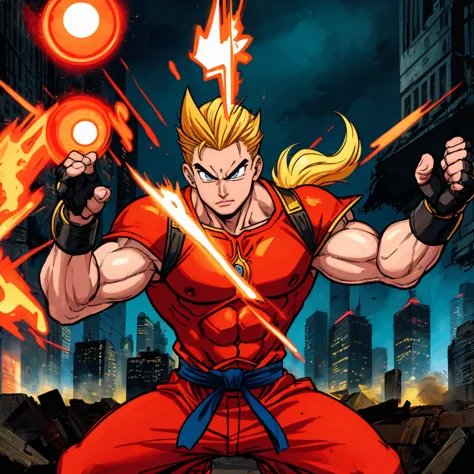 A strong, powerful warrior with spiky, golden hair and piercing blue eyes. His muscular physique is covered in a bright orange m...