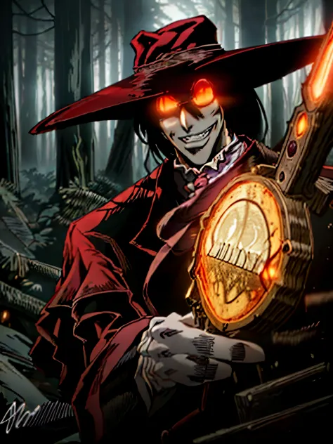 (masterpiece, high resolution:1.3), (an anime-style illustration of the iconic character Alucard from the anime Hellsing Ultimate:1.2), (dressed in his signature red outfit, with his glasses and sinister smile glowing in the darkness of a dense forest:1.2)...