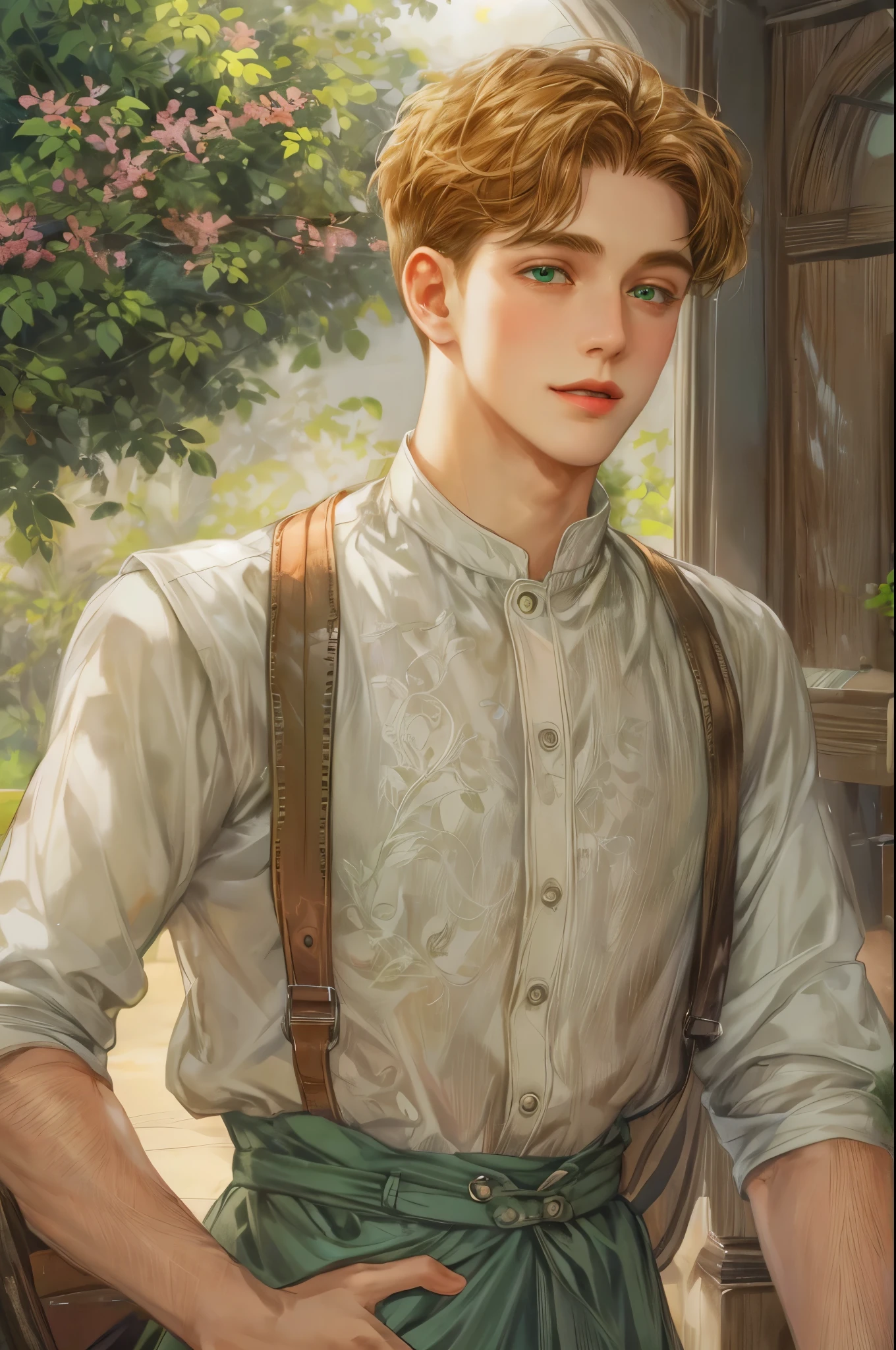 ((Best quality)), ((masterpiece)), (detailed), ((perfect face)), ((halfbody)) handsome face, male, teen boy, perfect proportions , short hair ((character from anne of green gables male version)) detailed interior, detailed scenery 