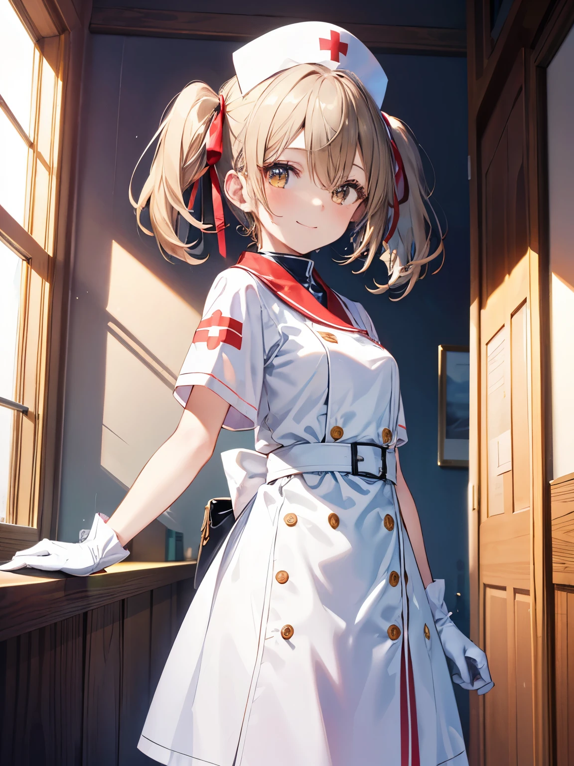 super detailed, High resolution,masterpiece、solo、one girl、silica、very detailed,three-dimensional sense、View from the front, one side up, silica, blonde, twin tails, (yellow eyes:1.1)closed mouth, ribbon,arms on both sides、nurse, nurse cap, white clothes, white gloves, white clothes、white clothes、absolute reference to center、smile