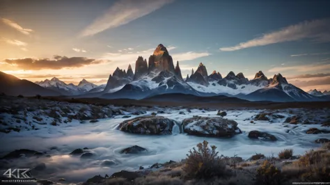 a breathtaking vista of the rugged, snow-dusted granite spires of patagonia piercing through a sea of ethereal clouds at dawn. (...