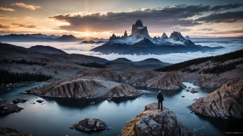 a breathtaking vista of the rugged, snow-dusted granite spires of patagonia piercing through a sea of ethereal clouds at dawn. (...