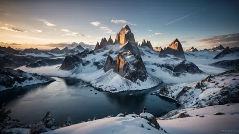 a breathtaking vista of the rugged, snow-dusted granite spires of patagonia piercing through a sea of ethereal clouds at dawn. (...