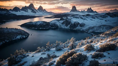 a breathtaking vista of the rugged, snow-dusted granite spires of patagonia piercing through a sea of ethereal clouds at dawn. (...