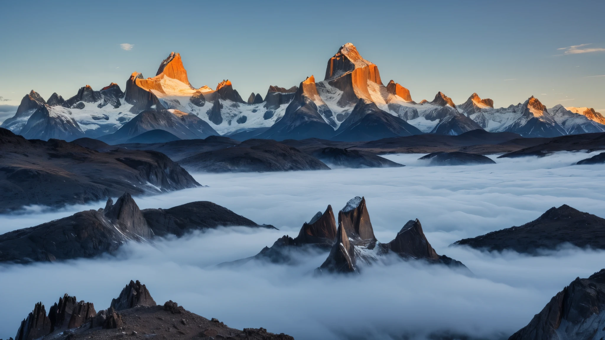 A breathtaking vista of the rugged mountain peaks of Patagonia, their snow-dusted granite spires piercing through a sea of ethereal clouds at dawn.