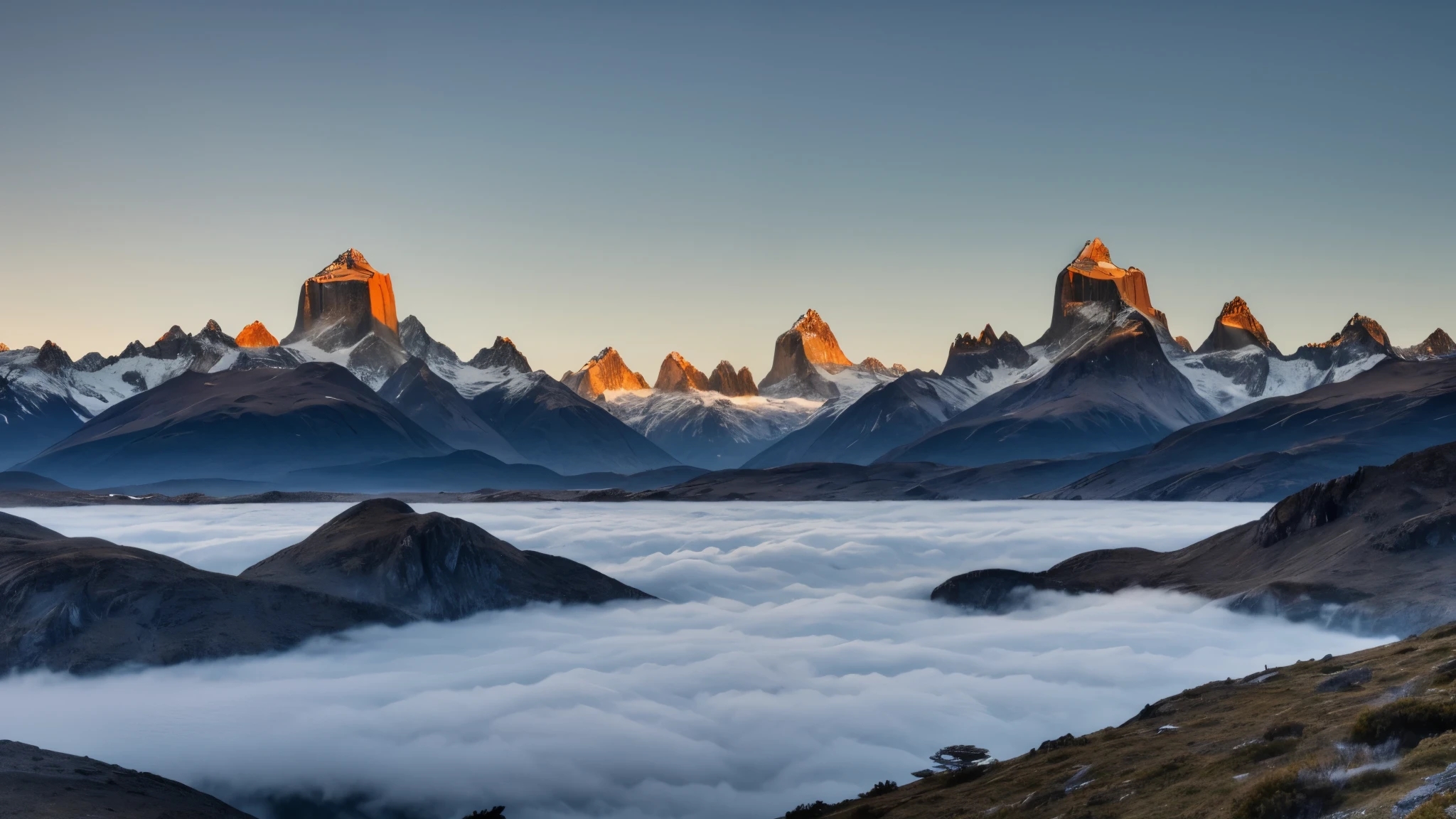 Uma vista deslumbrante dos picos das montanhas escarpadas da Patagônia, suas torres de granito cobertas de neve perfurando um mar de nuvens etéreas ao amanhecer.