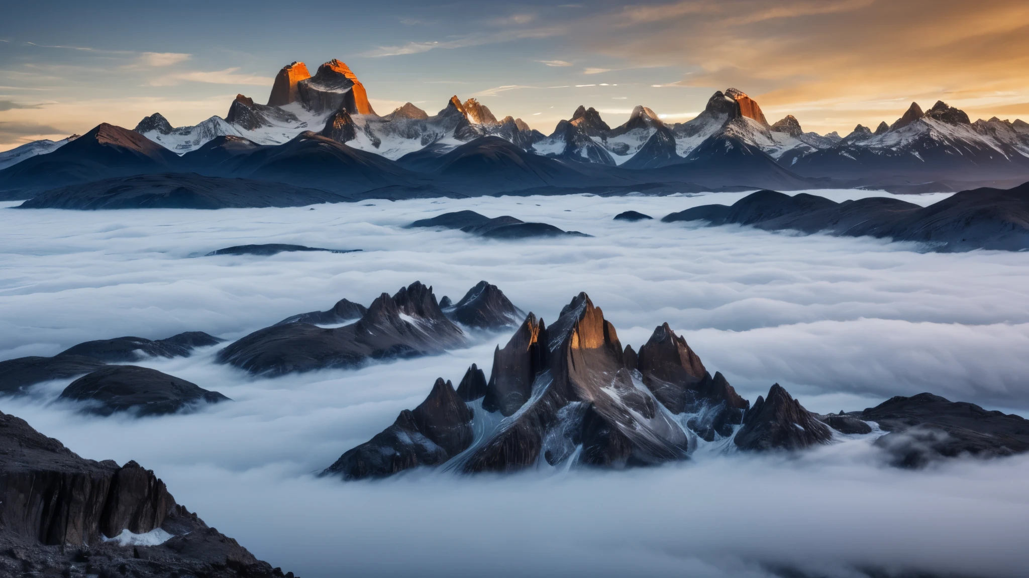 A breathtaking vista of the rugged mountain peaks of Patagonia, their snow-dusted granite spires piercing through a sea of ethereal clouds at dawn.