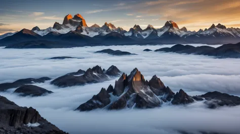 a breathtaking vista of the rugged mountain peaks of patagonia, their snow-dusted granite spires piercing through a sea of ether...