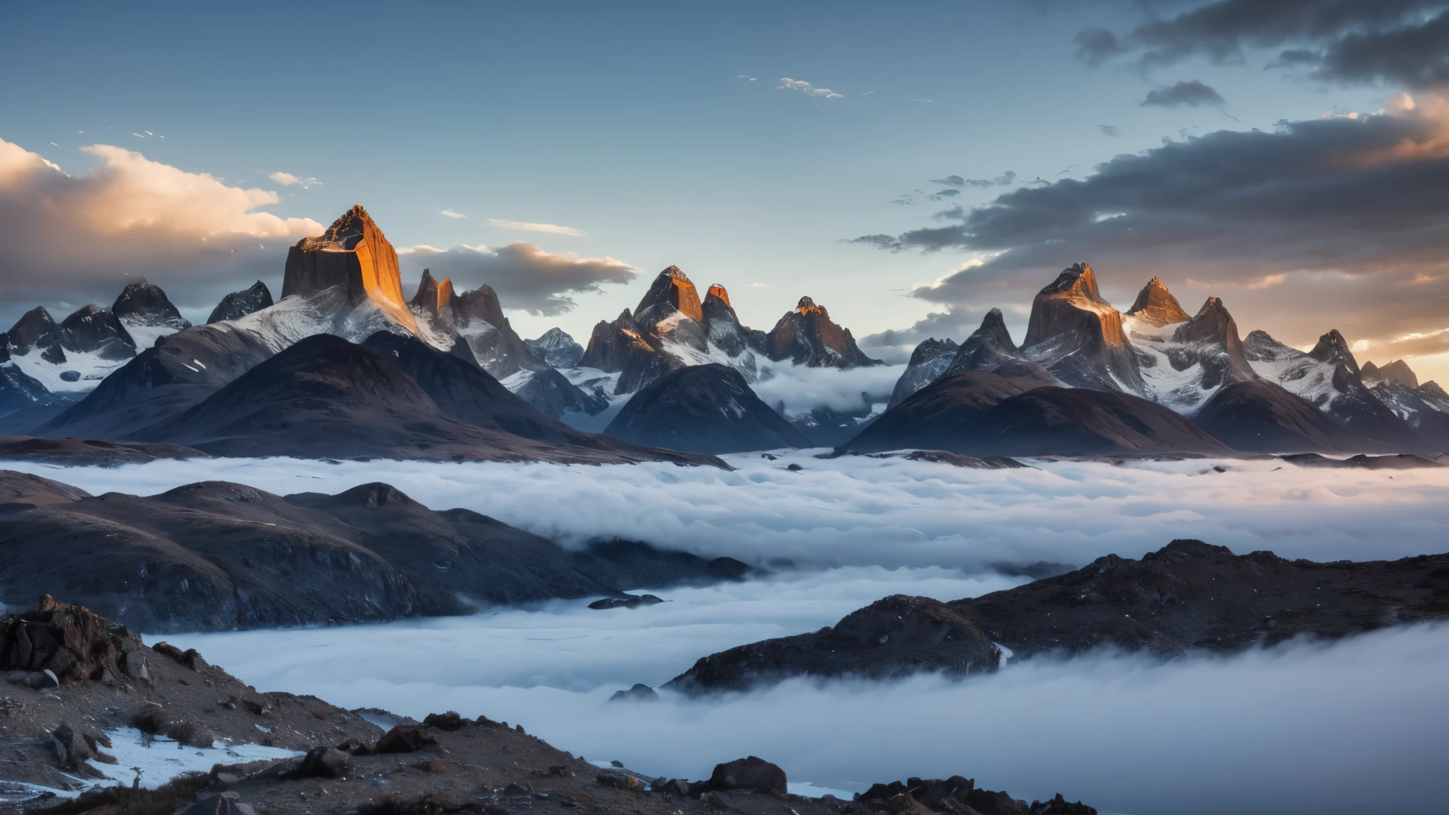 A breathtaking vista of the rugged mountain peaks of Patagonia, their snow-dusted granite spires piercing through a sea of ethereal clouds at dawn.