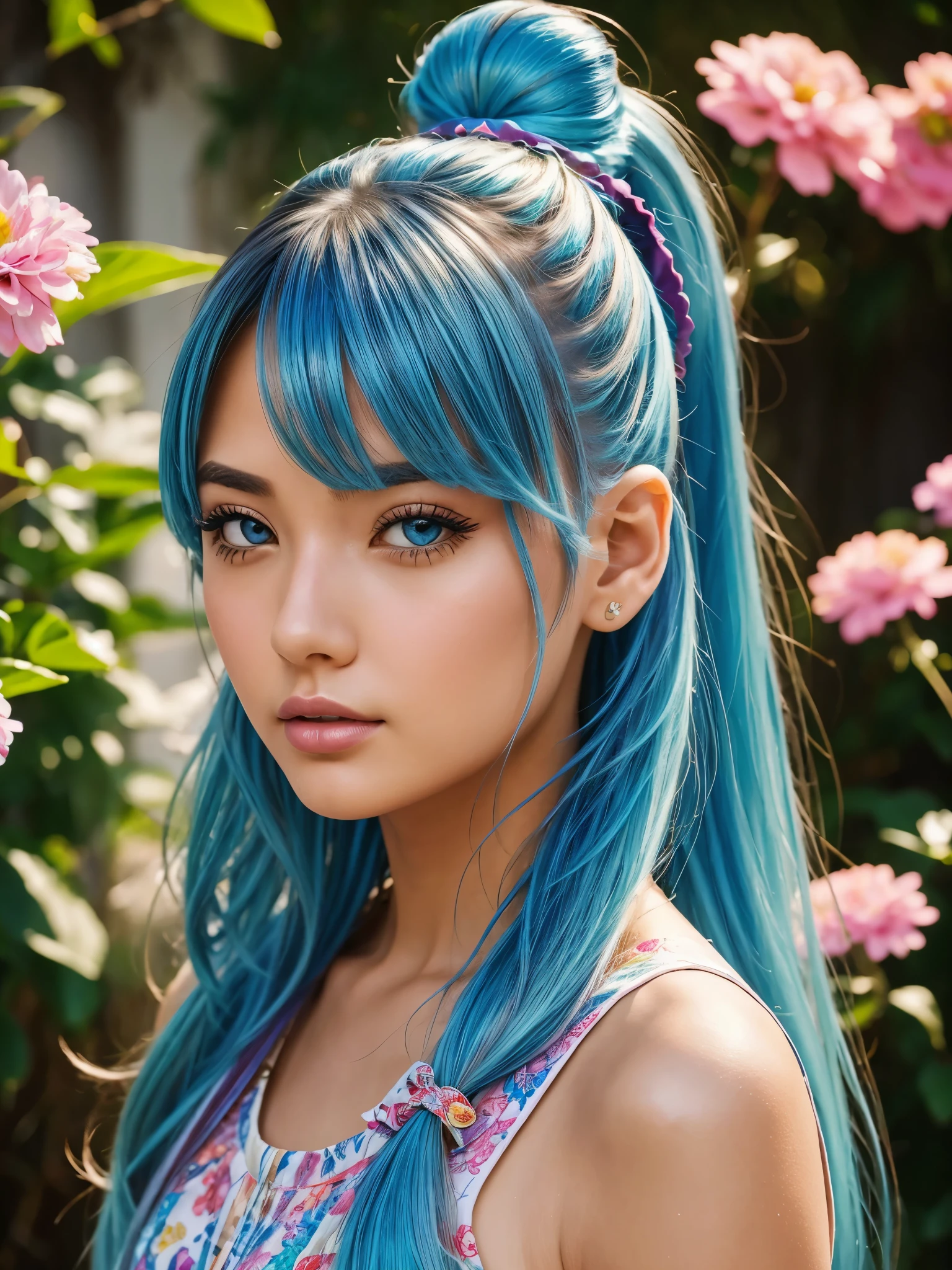 (masterpiece), (best quality), (ultra detailed),(disheed hair),(illustration), (1girl), (Fashionable clothing), standing, Fashion model, looking at viewer, (interview), (simple background), Beautiful detailed eyes, delicate beauty, floating, (high saturation), (colorful splash), colorful bubbles, (shine), focus on the face, ponytail, Ayaka Kamisato, light blue hair, bangs, scrunchies, floating flowers, flowing hair, (shiny), best lighting, best shadows, perfect hands