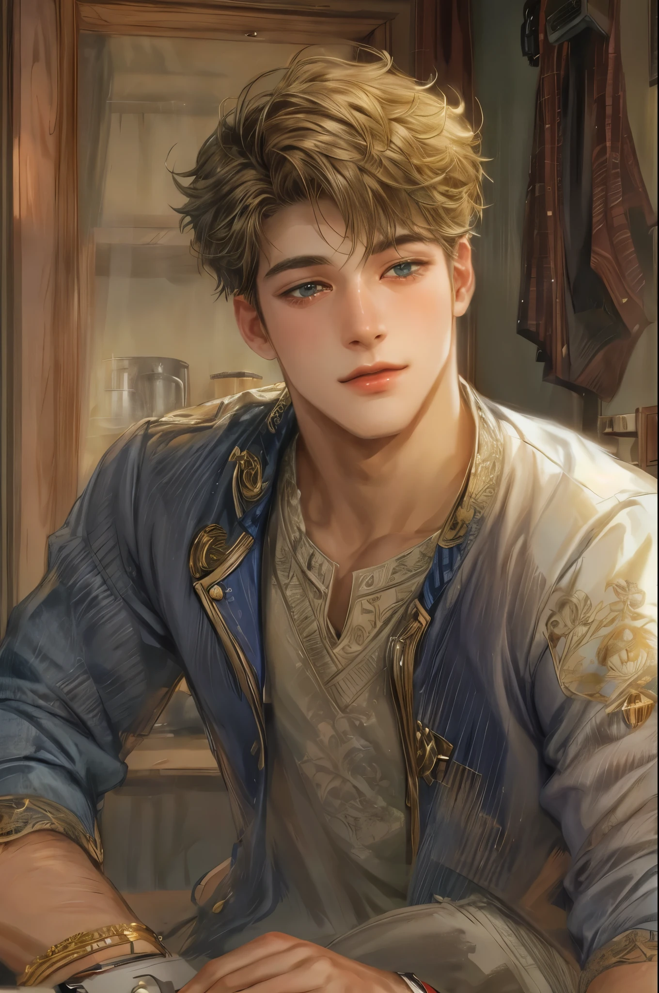 ((Best quality)), ((masterpiece)), (detailed), ((perfect face)), ((halfbody)) handsome face, male, teen boy, perfect proportions , short hair ((character from bridgerton male version)) detailed interior, cozy home