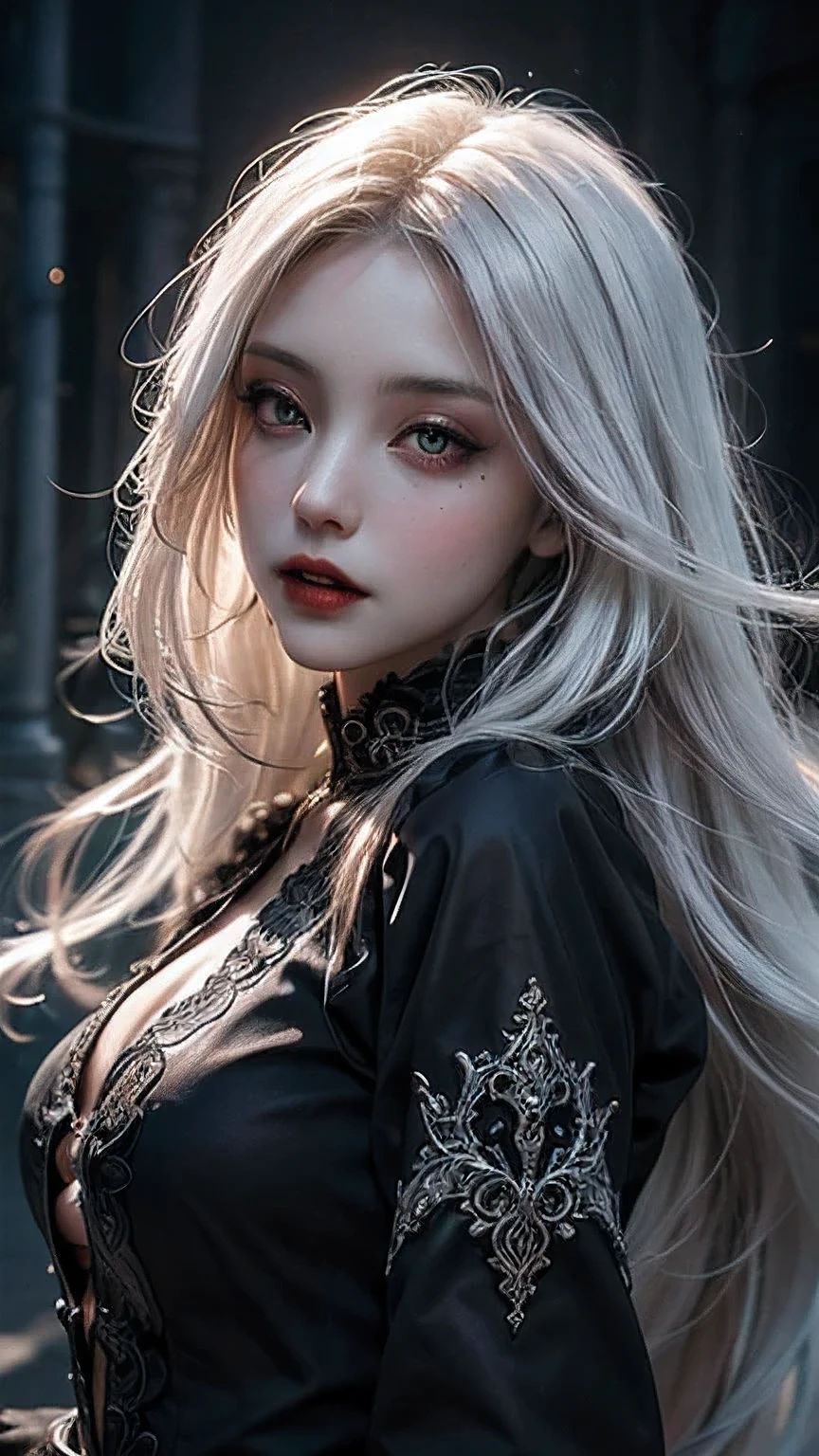 Insanely detailed photograph of a gorgeous vampire woman, goth Renaissance, long voluminous white hair, intricate white  eyes, fantastical, vampire, ethereal, hyperdetailed, 32k resolution, dynamic lighting, hyperdetailed, intricately detailed, trending on Artstation, triadic colors, volumetric lighting, BalenciagaStyle