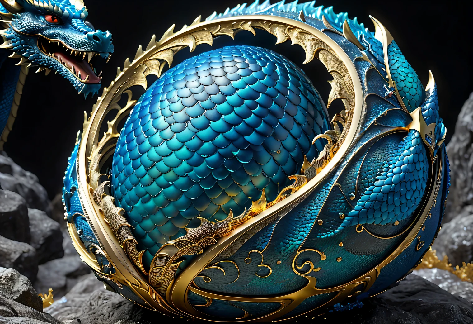 At the top of the high rocks there is a large, neatly stacked nest.., in the center of the nest is 1 large dragon egg, unusually shaped dragon egg, covered with bright azure luminous intricate patterns and ornaments, dragon eggs texture shown in detail, a large beautiful majestic dragon of dark azure color sits on the edge of the nest., dragon skins texture shown in detail, high texture smoothing, high resolution objects, 32K, hyper detail, Surreal sci-fi style, DAZ 3D, Realistic brush strokes, unreal engine 5, Ultra-realistic rendering of details, Stunningly realistic graphics, Very detailed photo