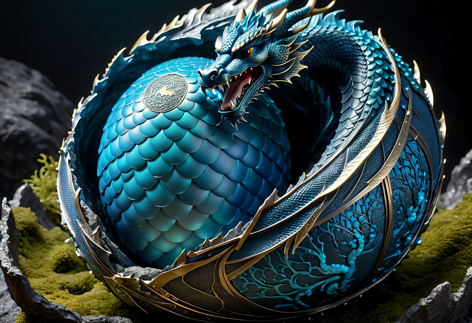 At the top of the high rocks there is a large, neatly stacked nest.., in the center of the nest is 1 large dragon egg, unusually shaped dragon egg, covered with bright azure luminous intricate patterns and ornaments, dragon eggs texture shown in detail, a large beautiful majestic dragon of dark azure color sits on the edge of the nest., dragon skins texture shown in detail, high texture smoothing, high resolution objects, 32K, hyper detail, Surreal sci-fi style, DAZ 3D, Realistic brush strokes, unreal engine 5, Ultra-realistic rendering of details, Stunningly realistic graphics, Very detailed photo