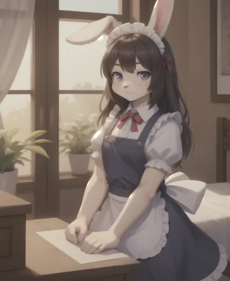 1girl, solo, masterpiece, indoors, bedroom, maid apron, maid, frills, rabbit girl, rabbit ears, blush, furry, fluffy, body fur