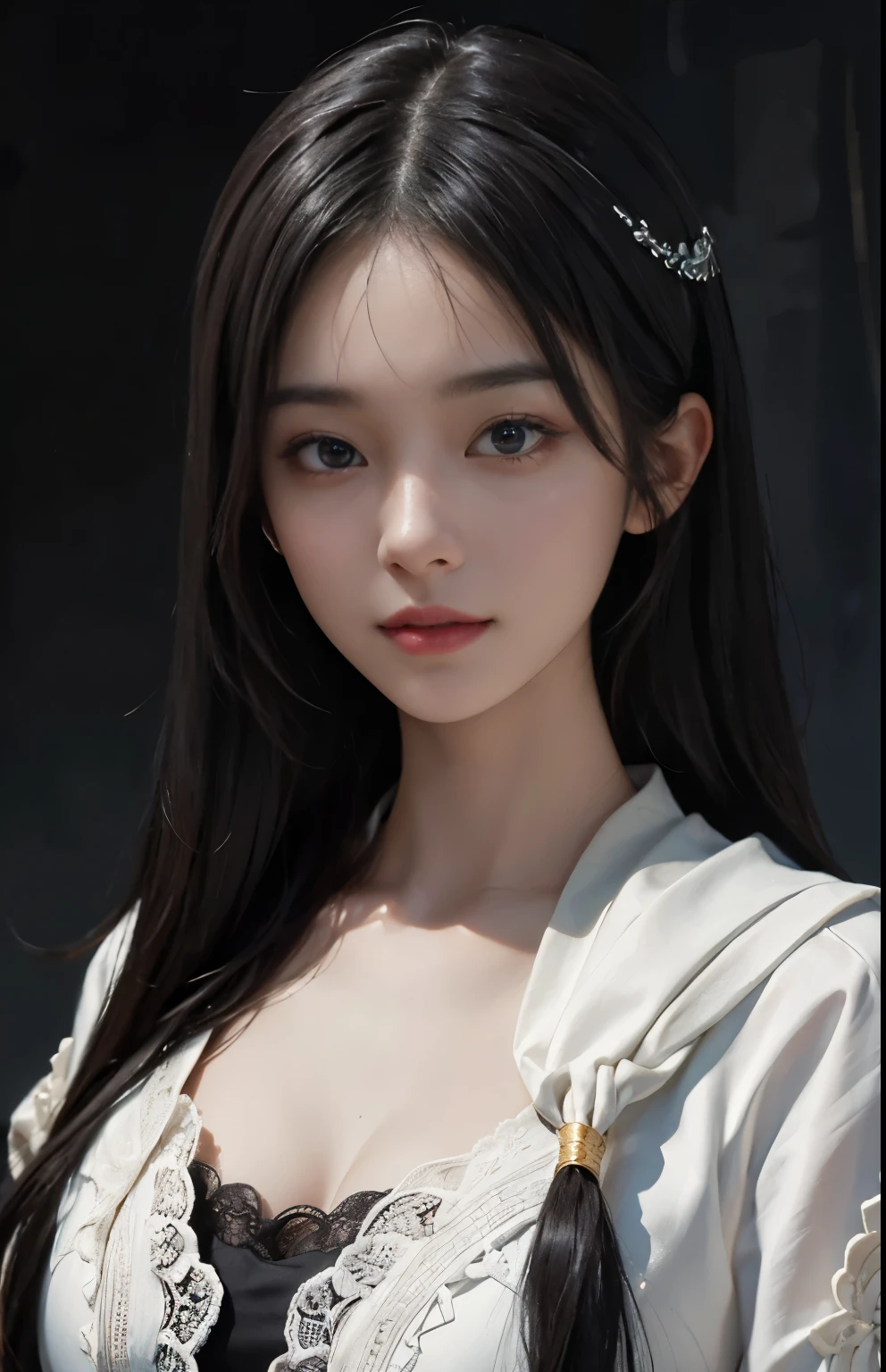 (surreal), (shape), (Improved resolution), (8k), (very detailed), (Best shape), (beautiful and detailed eyes), (highest quality), (Super detailed), (masterpiece ), ( wallpaper), (detailed face), 1 girl, , white shawl,  lace chest,  big breasts, looking at the viewer, small details, detailed face, in the dark, deep shadow, private key, Pure erotic face ace_v1, smile, long hair, black straight hair , 46 point diagonal bangs