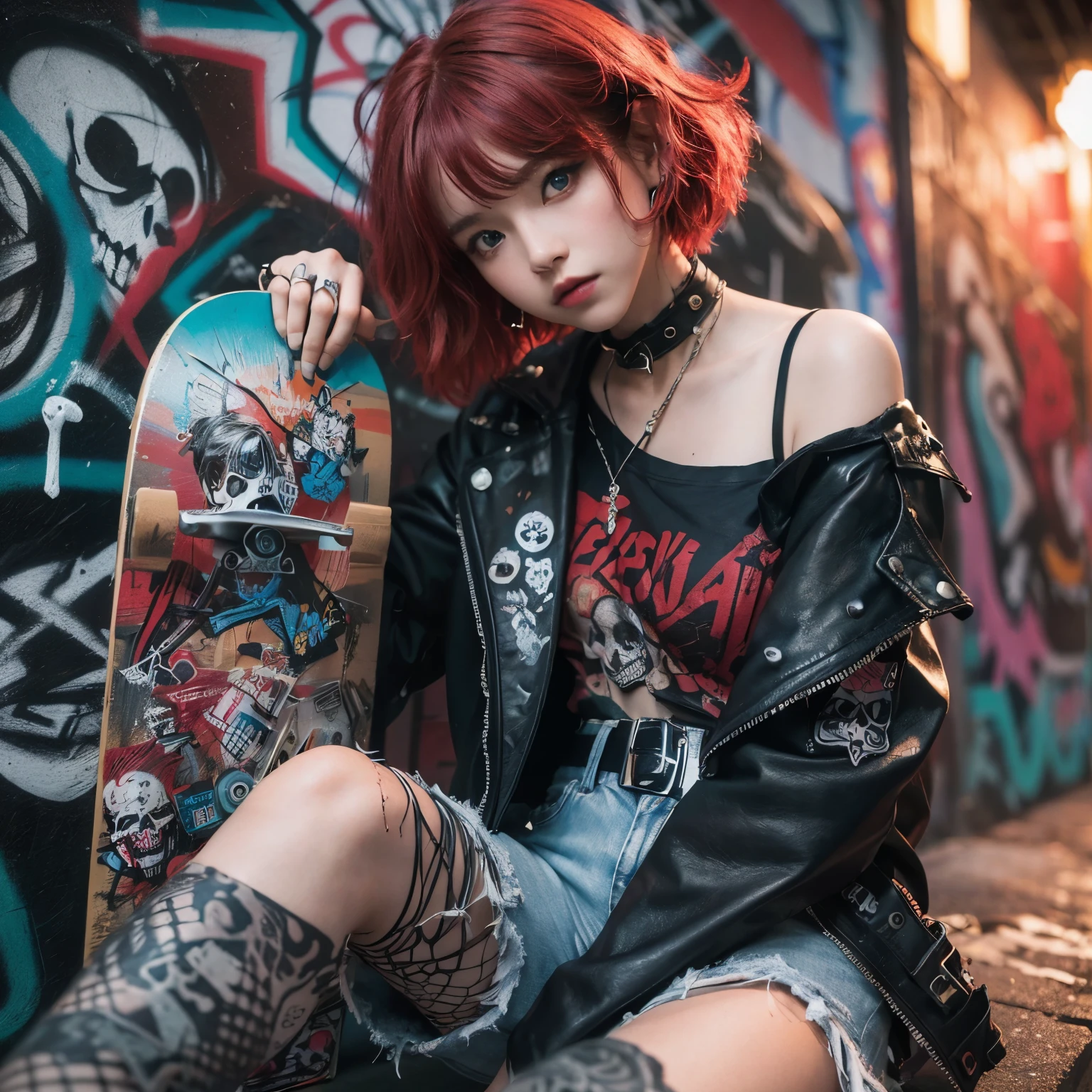 (((hyper realistic photo))) (((textile shading))) (((Best Quality))) (((masterpiece))) japanese sassy girl, short style red wavy hair, ((with bangs, gorgeous hair)) blue eyes (((punk skate girl, skull ripped t-shirts, leather jacket, y2k ripped shorts))), ((striking a pose)), (gorgeous, sassy, it girl), fancy piercing jewelry, holding a skateboard with striking artworks, stylishly posing in graffiti-covered walls neon light bokeh, shoot with hasselblad, medium format, 16K