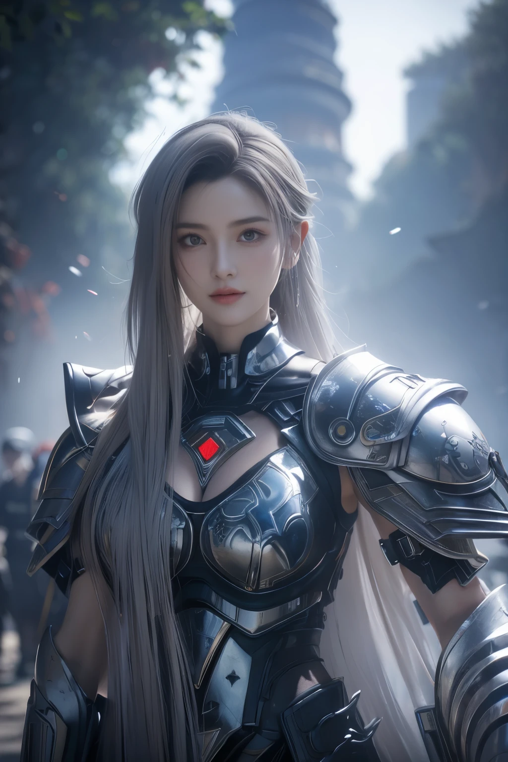 傑作,ゲームアート,最高の画質,最高解像度,8K,(肖像画),Unreal Engine 5のレンダリング作業,(デジタル写真),((肖像画 Feature:1.5)),
20歳の少女,ショートヘアの詳細,長い前髪,(赤いアイメイクはとても丁寧です),(長い白髪の:1.4),(大きい, 豊かな胸),エレガントで高貴,勇敢で魅力的,
(古代中国の鎧の特徴と融合した未来の鎧,中空デザイン,パワーアーマー,神秘的な東洋のルーン文字,繊細なドレスのパターン,魔法の閃き),未来の戦士,サイバーパンクのフィギュア,戦争の背景,
映画照明，レイトレーシング，ゲームCG，((3D アンリアル エンジン))，OCレンダリング反射パターン