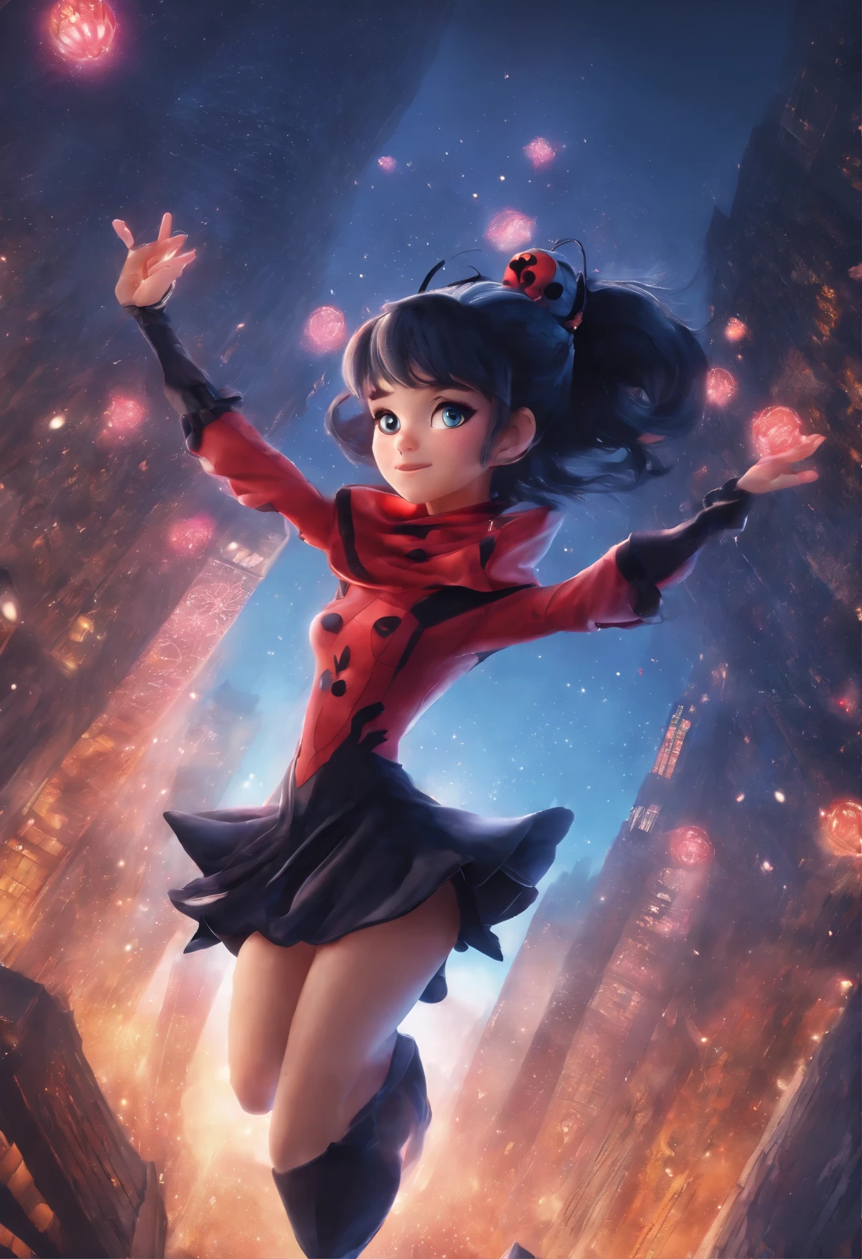 A close up of a woman in a red jacket and black skirt flying through the  air - SeaArt AI